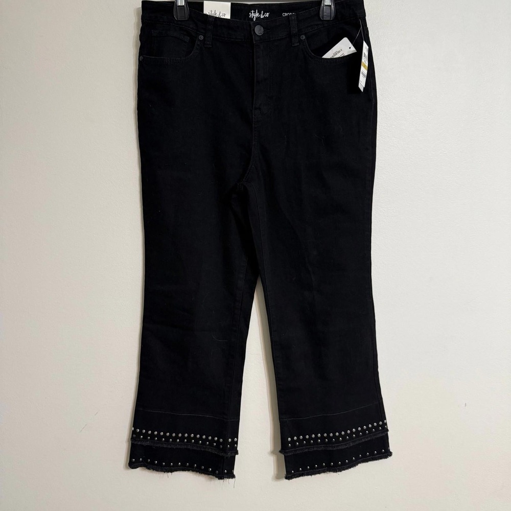 Style & Co Women Black Studded Raw Hem Crop Flare‎ Jeans High Rise Size 14 NEW